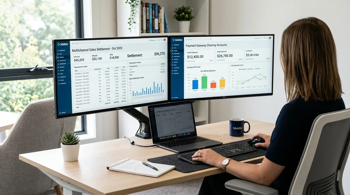 SAASU for Ecommerce business financial reports on dual monitors in a digital brand studio