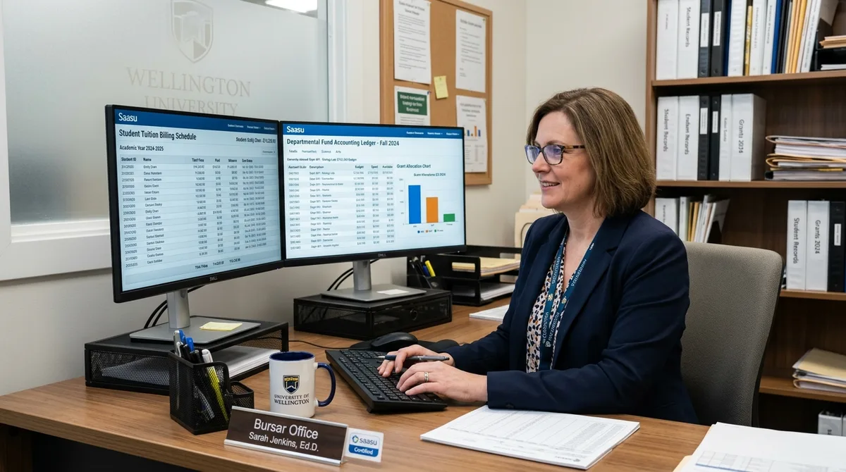 SAASU for Educational Institutions financial reports on dual monitors in a school finance suite