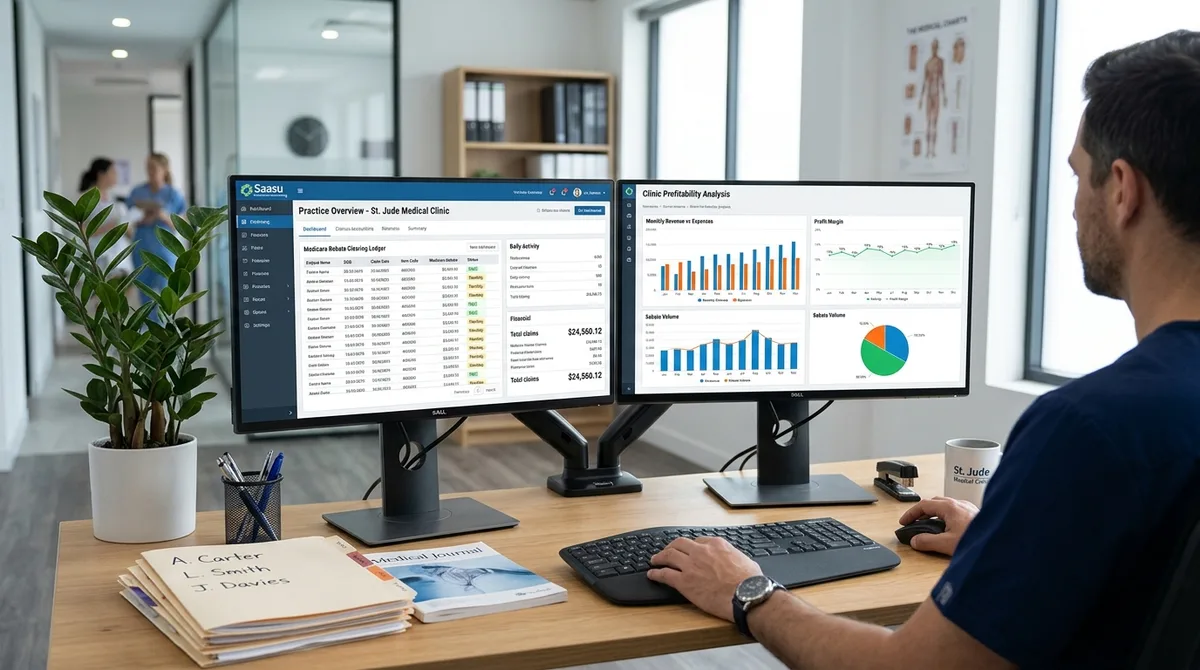 SAASU for Healthcare business financial reports on dual monitors in a modern medical office