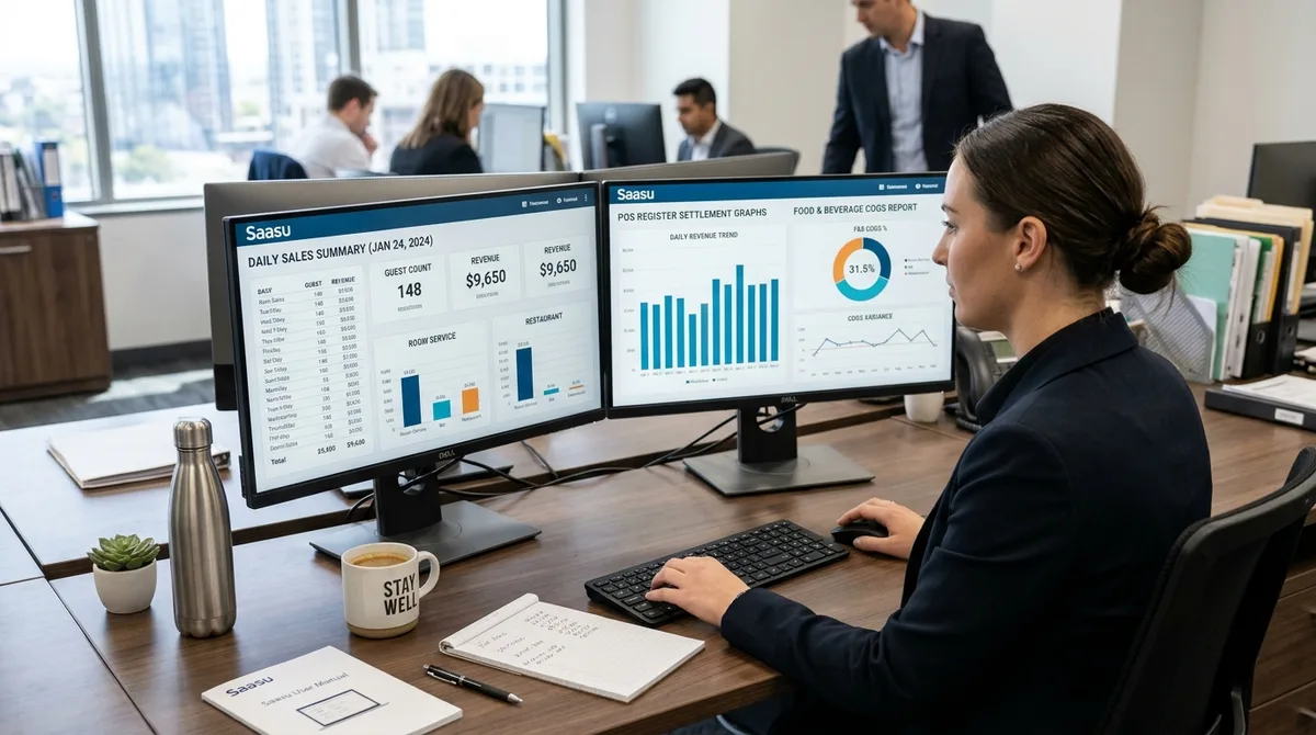 SAASU for Hospitality business financial reports on dual monitors in an upscale venue back office