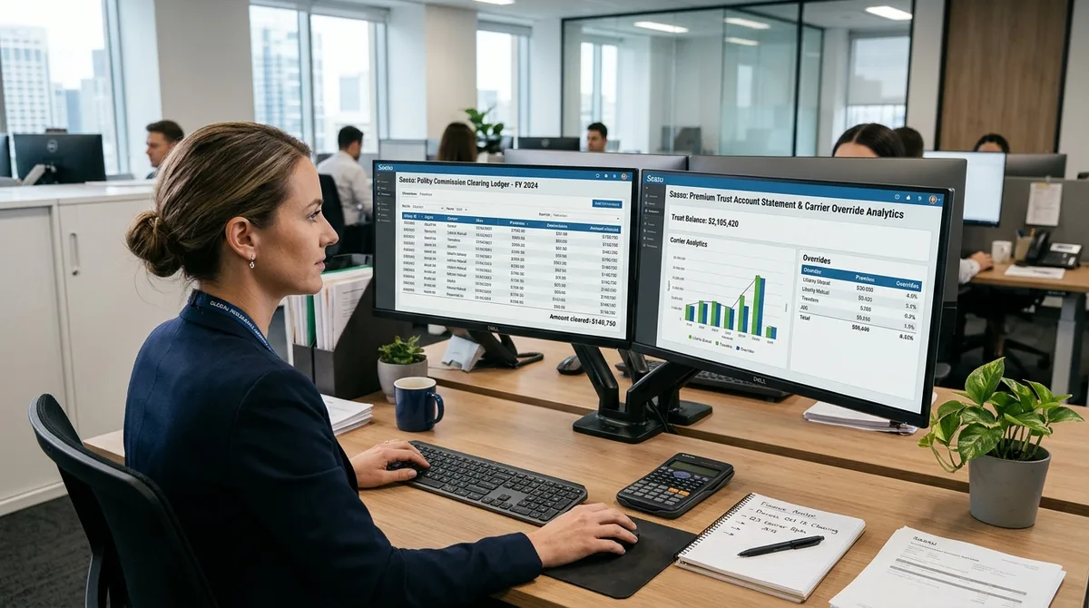 SAASU for Insurance business financial reports on dual monitors in a commercial brokerage office