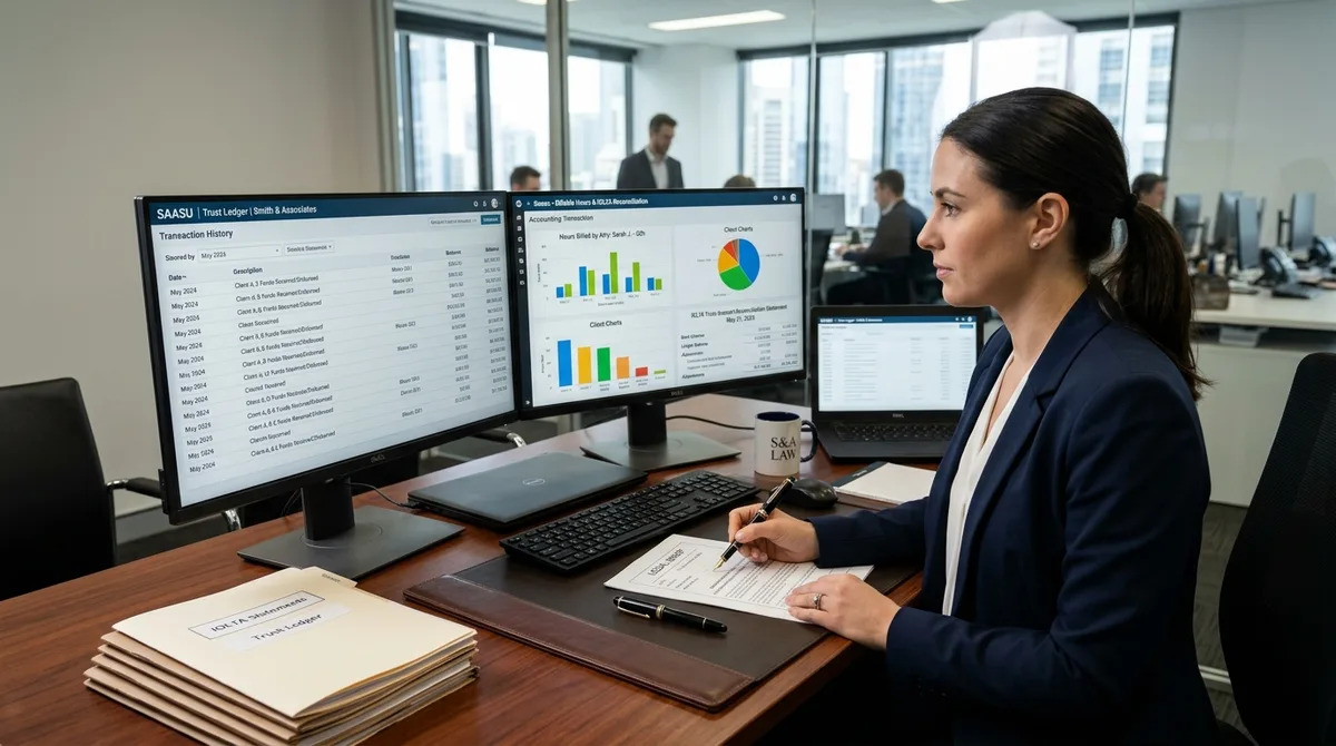 SAASU for Legal business financial reports on dual monitors in an executive law firm office