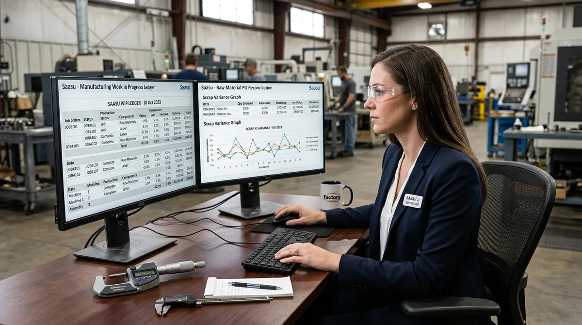 SAASU for Manufacturing Companies financial reports on dual monitors in an industrial plant office