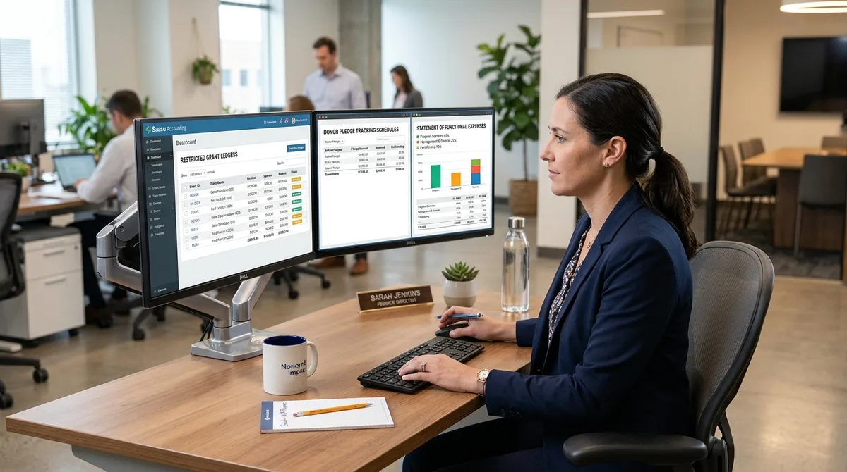 SAASU for Nonprofits financial reports on dual monitors in a charitable foundation office