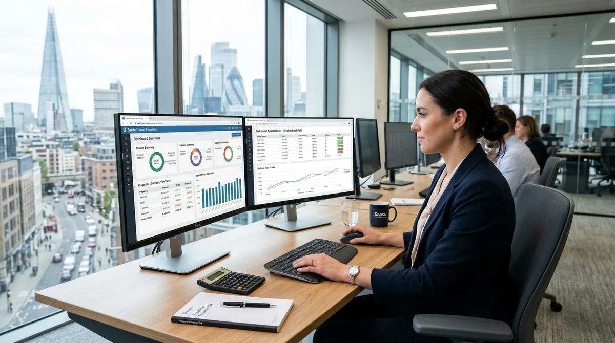 SAASU for Real Estate business financial reports on dual monitors with an urban city view
