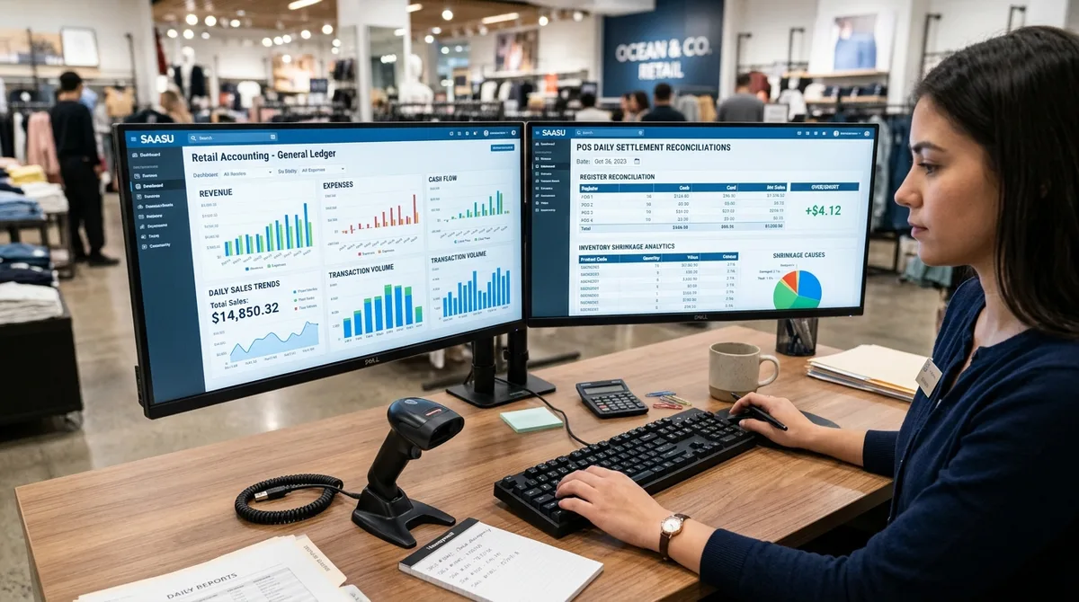 SAASU for Retail business financial reports on dual monitors in a modern retail headquarters