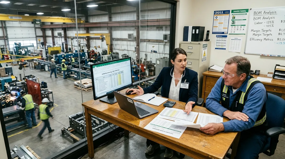 SAASU for Manufacturing Companies accounting team reviewing production cost sheets beside machinery