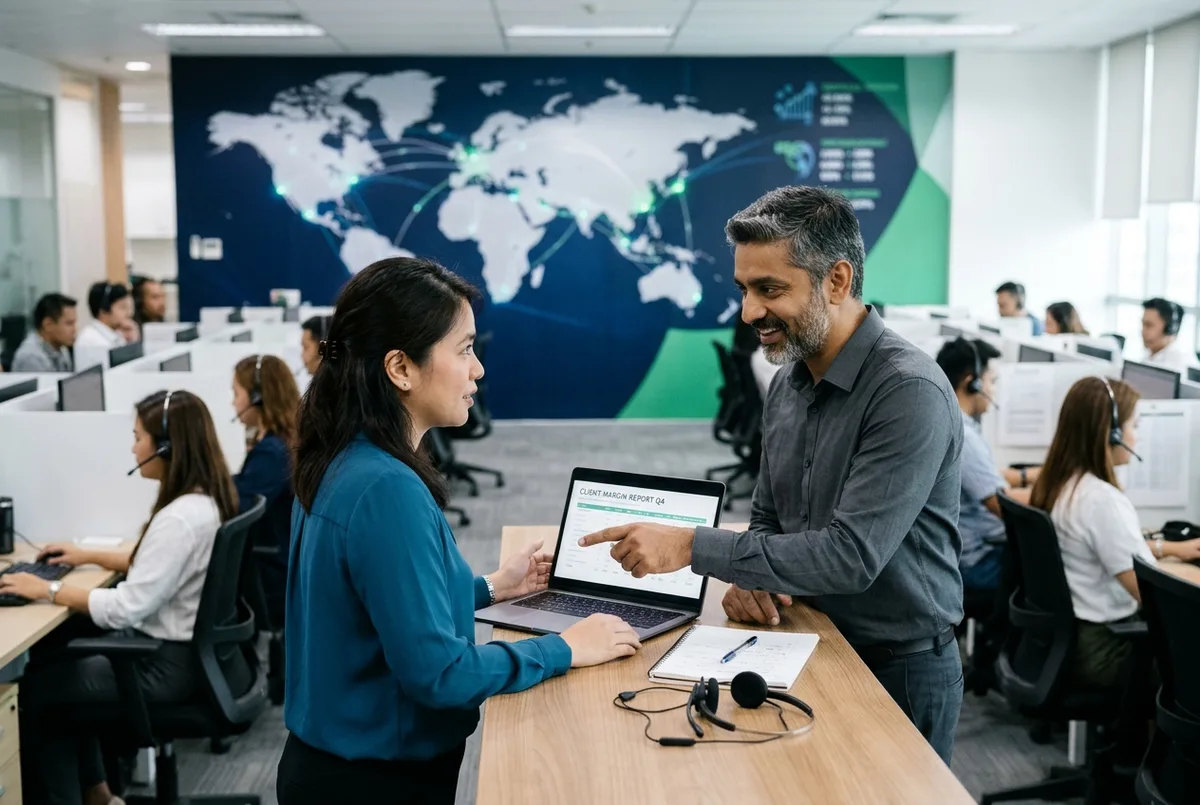Sage for BPO Business accounting team reviewing client margin reports in a contact centre with a world map wall