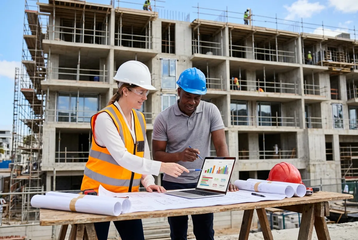 Sage for Construction Business accounting team reviewing job costs on a laptop at a trestle table beside a building under construction