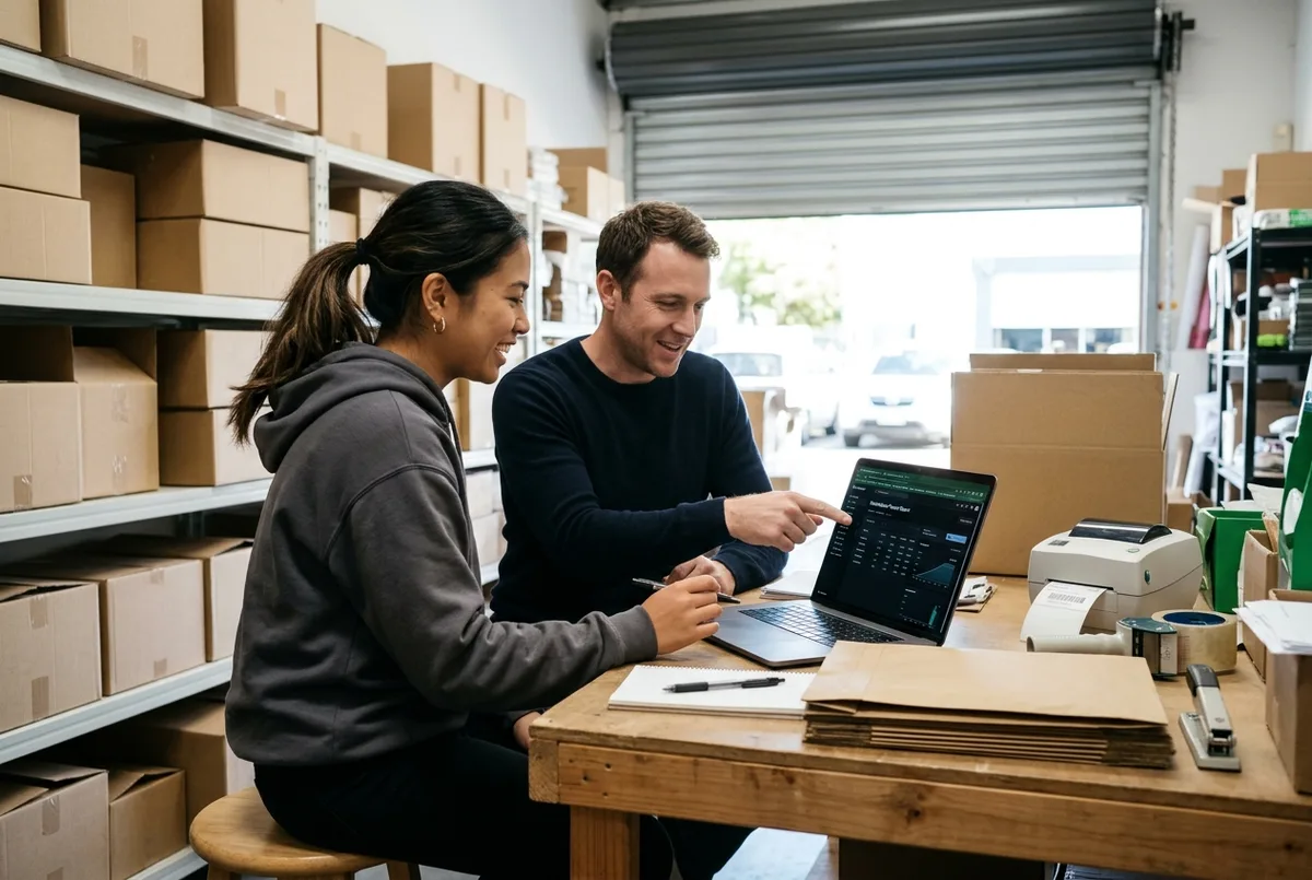 Sage for Ecommerce Business accounting team reviewing marketplace payouts on a laptop at a packing bench with parcel boxes