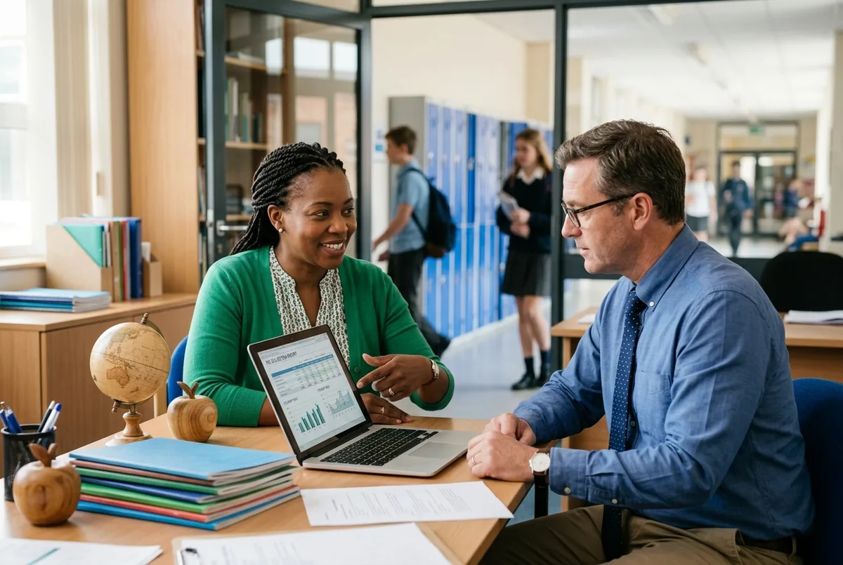 Sage for Educational Institutions accounting team reviewing fee reports on a laptop in a school office with a globe and exercise books