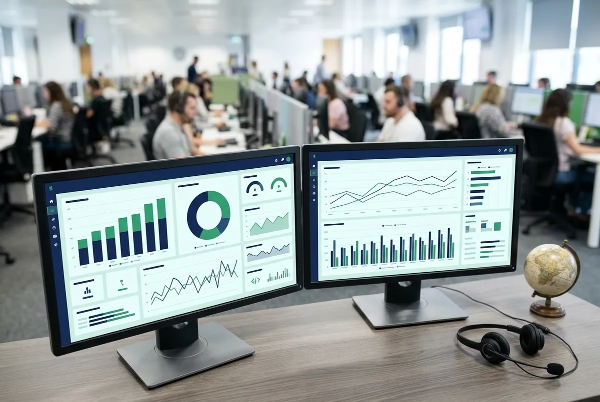 Sage for BPO Business financial dashboards on dual monitors beside a headset and a desktop globe