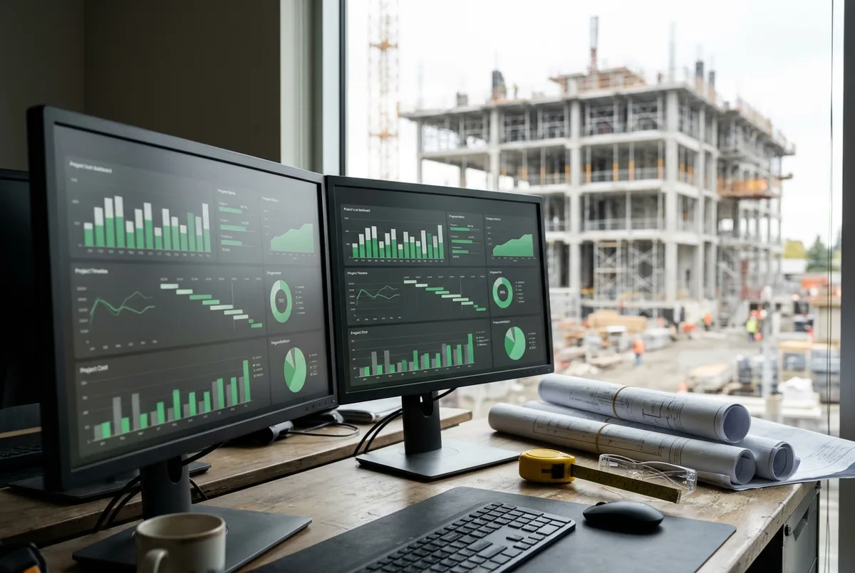Sage for Construction Business financial dashboards on dual monitors beside rolled drawings, a tape measure and safety glasses