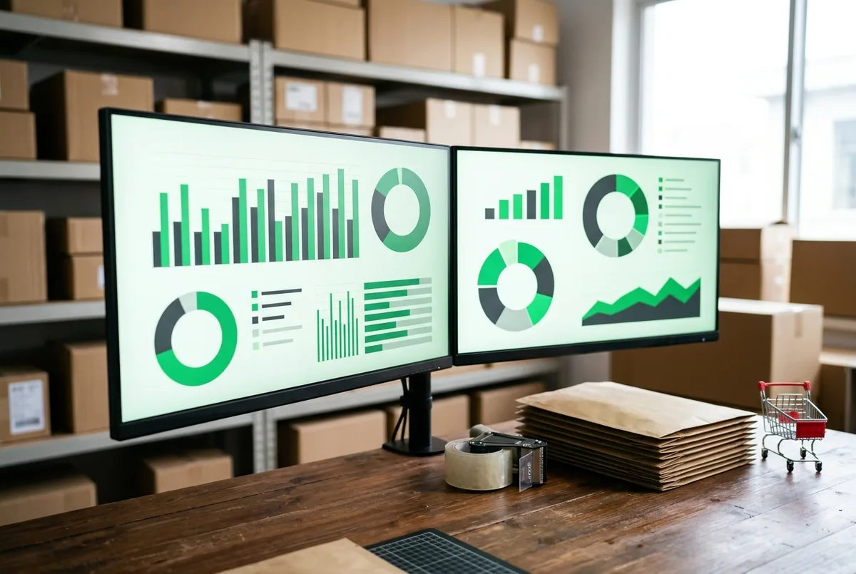 Sage for Ecommerce Business financial dashboards on dual monitors beside packing tape, mailer bags and a miniature shopping cart