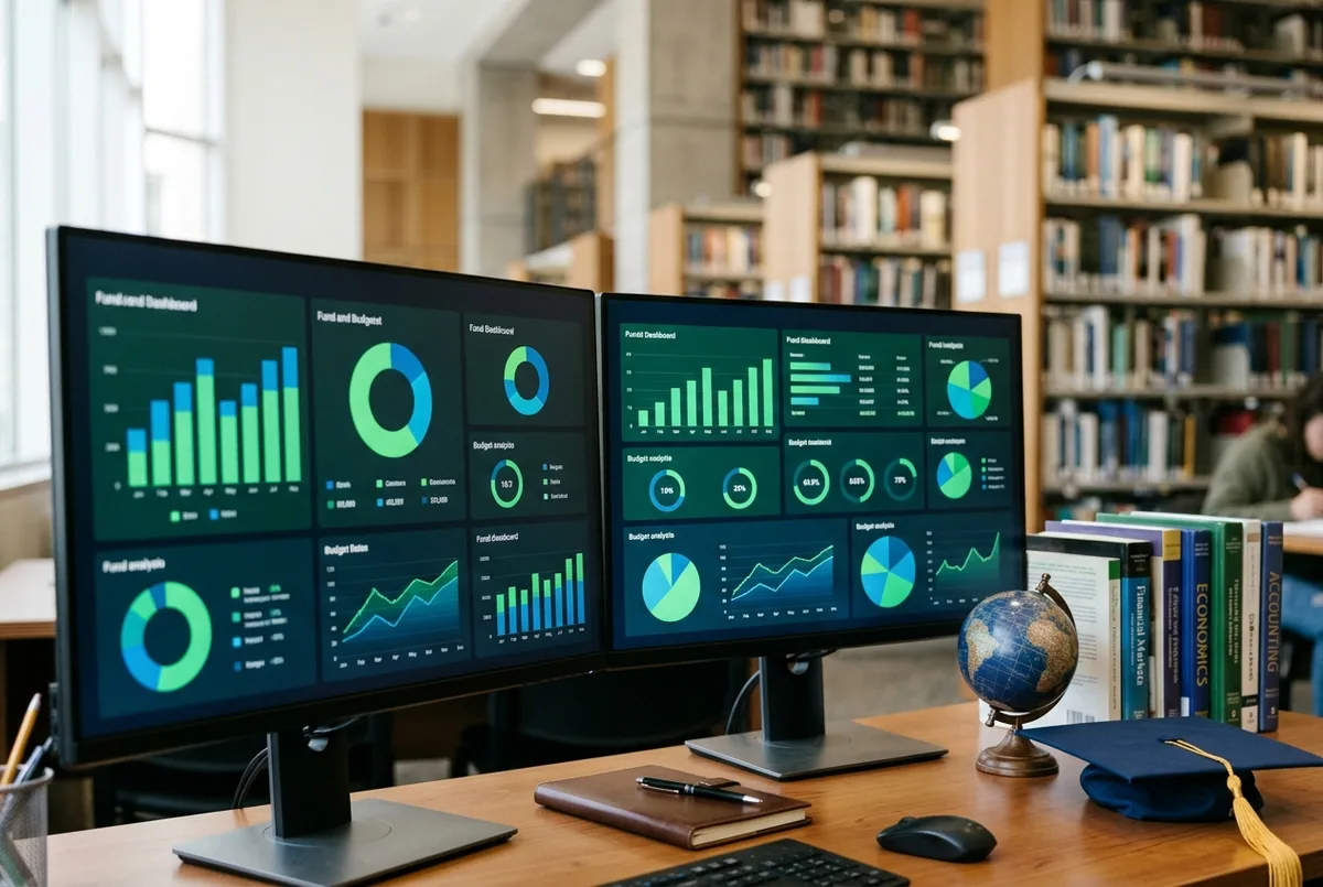 Sage for Educational Institutions financial dashboards on dual monitors beside a globe, textbooks and a graduation cap