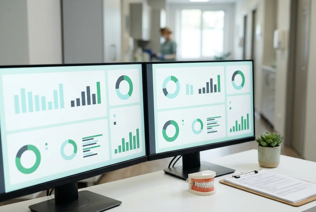 Sage for Healthcare Business financial dashboards on dual monitors beside a dental jaw model and clipboard