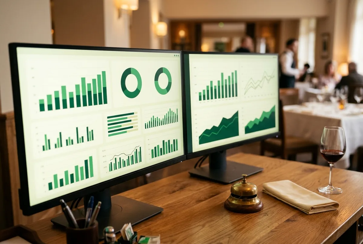 Sage for Hospitality Business financial dashboards on dual monitors beside a brass service bell, napkin and wine glass