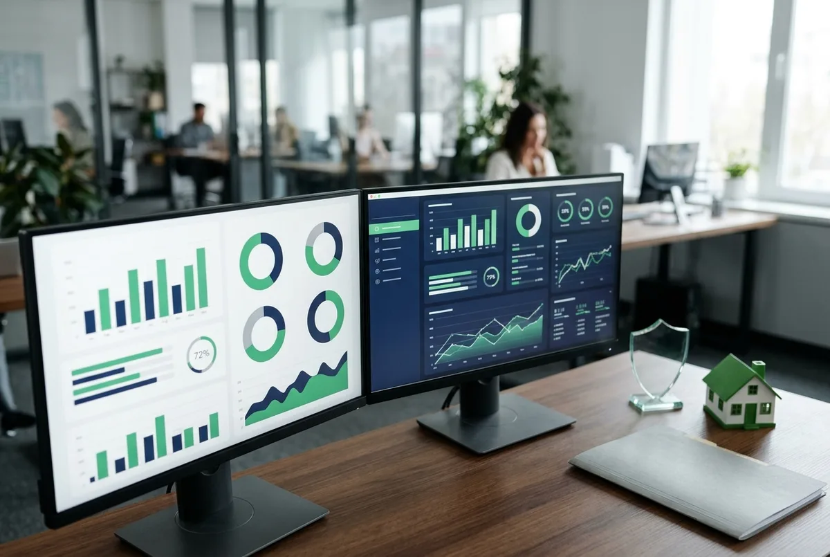 Sage for Insurance Business financial dashboards on dual monitors beside a glass shield ornament, a toy house and a folder