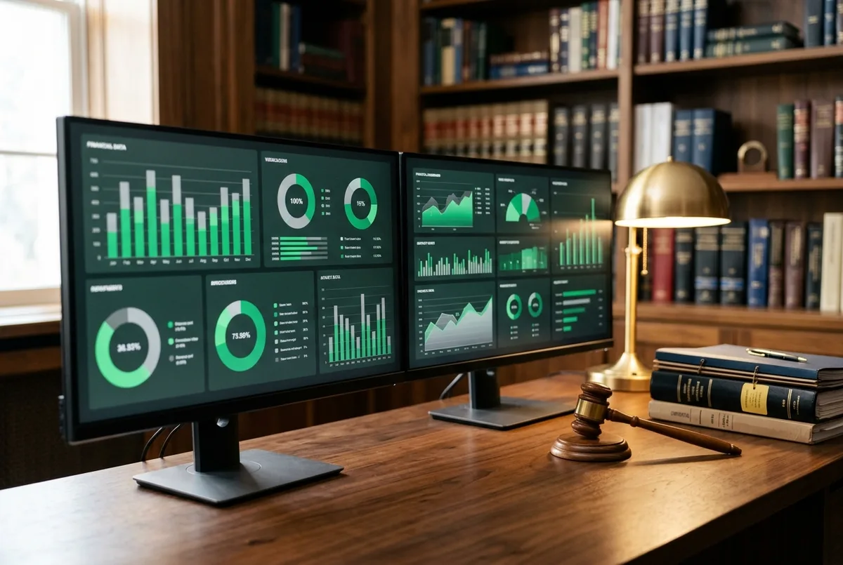 Sage for Legal Business financial dashboards on dual monitors beside a brass lamp, a gavel and bound legal files