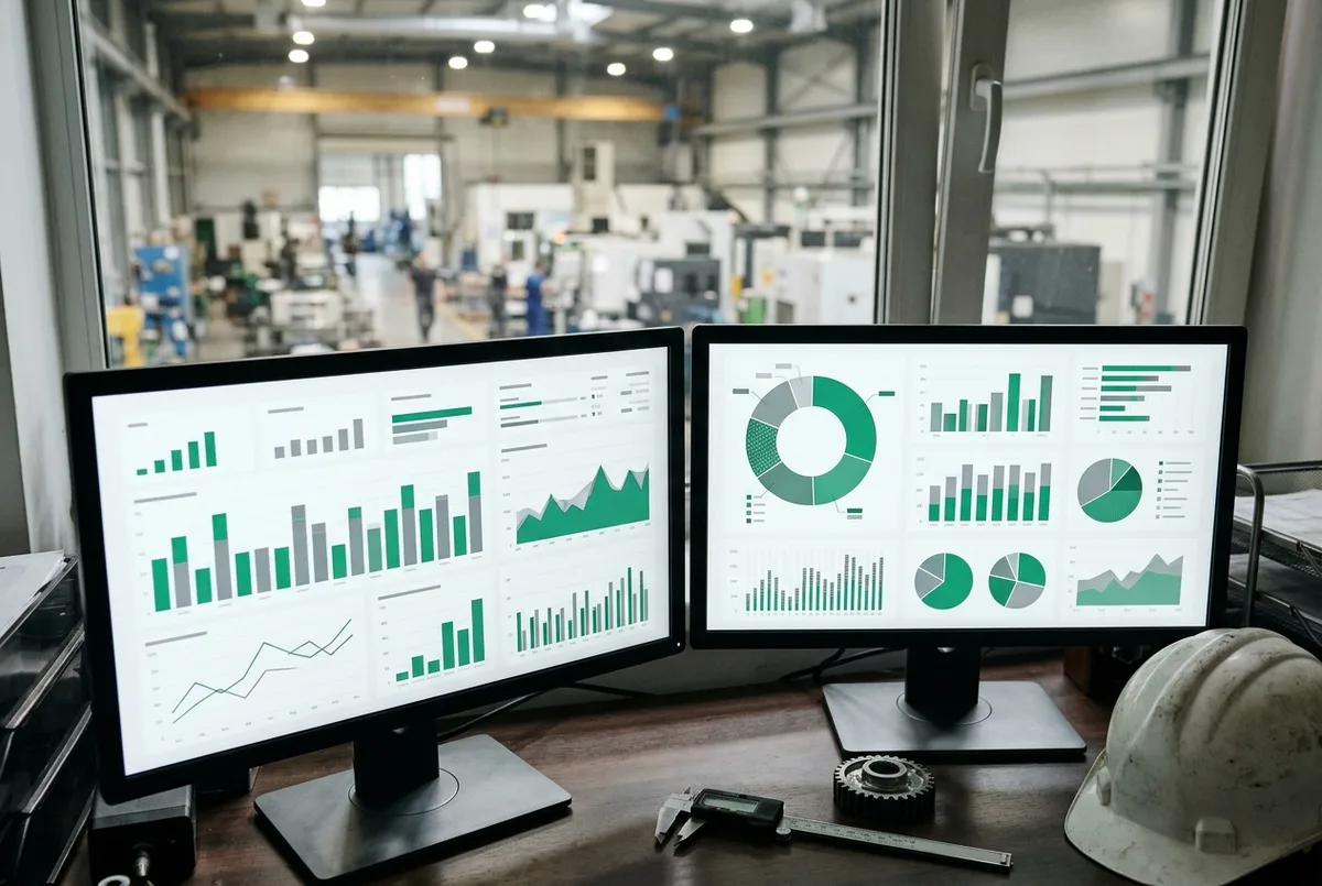 Sage for Manufacturing Companies financial dashboards on dual monitors beside a calliper, a metal gear and a hard hat