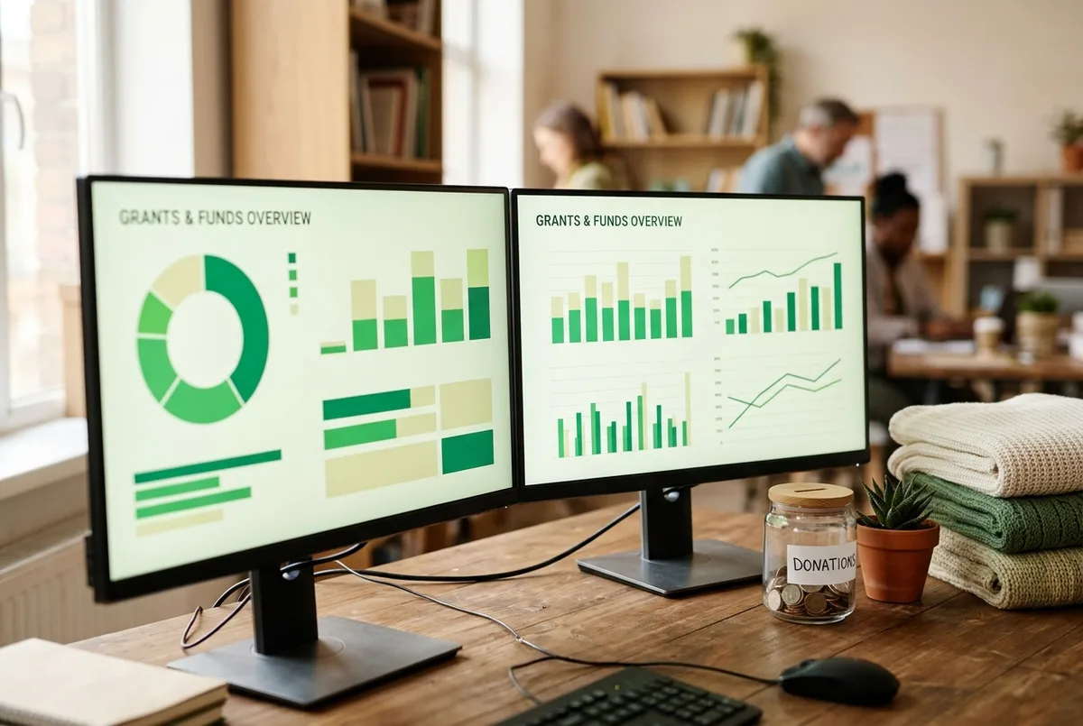 Sage for Nonprofits financial dashboards on dual monitors beside a donation jar, folded blankets and a plant
