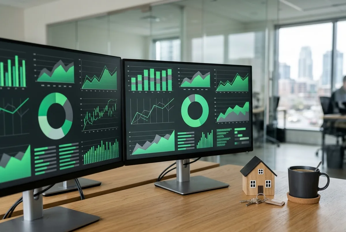 Sage for Real Estate Business financial dashboards on dual monitors beside a wooden model house and keys