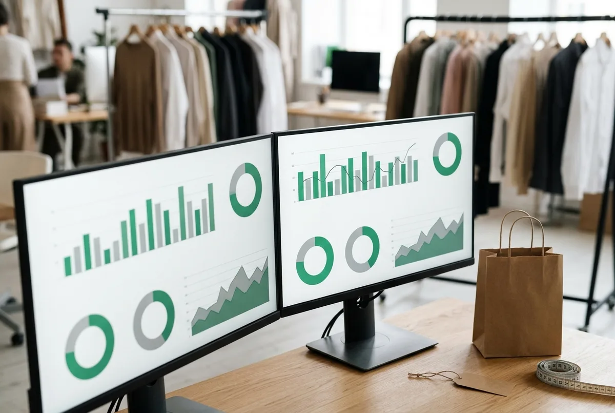 Sage for Retail Business financial dashboards on dual monitors beside a paper shopping bag and measuring tape