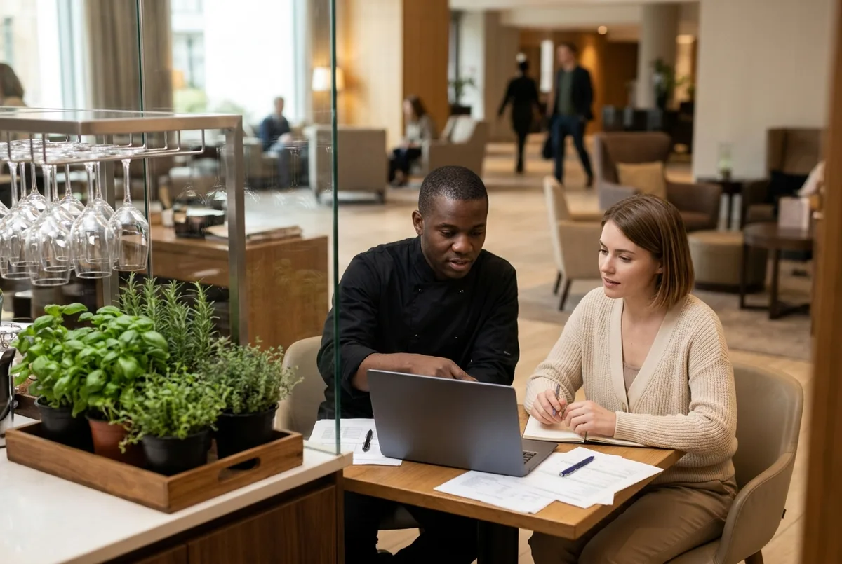 Sage for Hospitality Business accounting team reviewing daily sales on a laptop in a hotel restaurant office