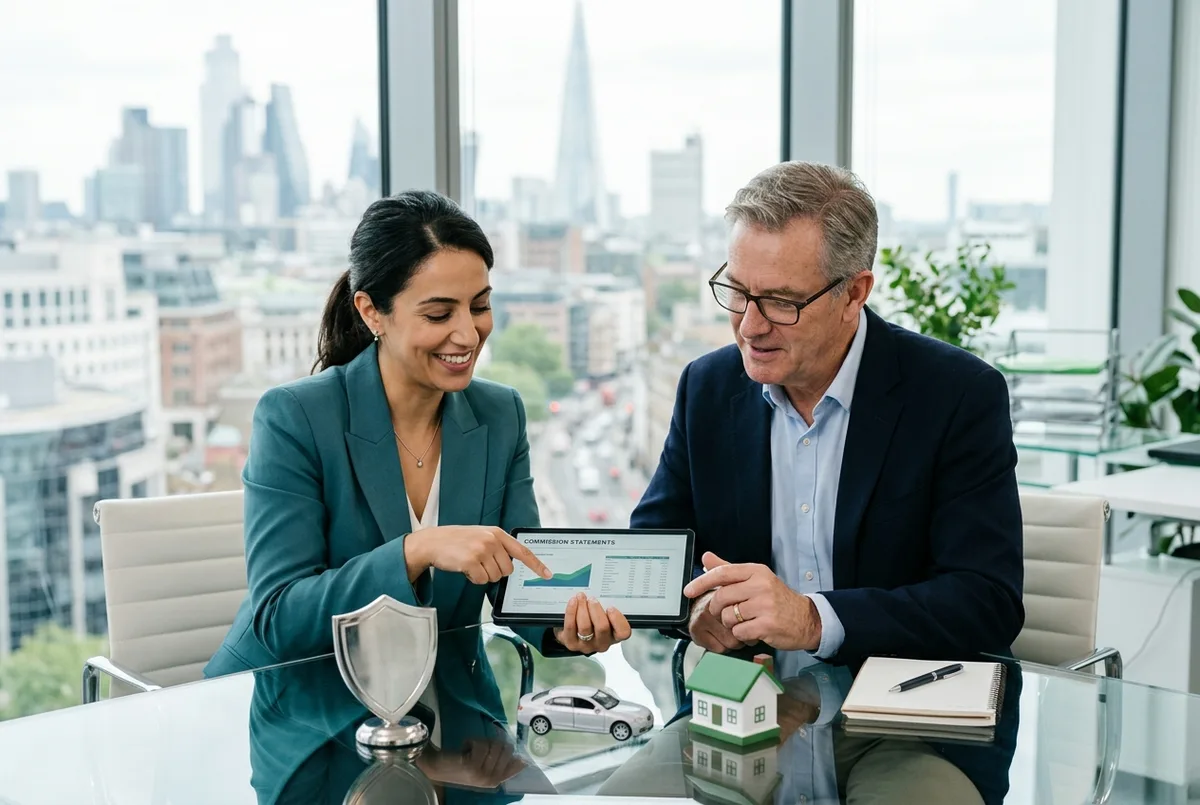 Sage for Insurance Business accounting team reviewing commission statements on a tablet beside a glass shield and toy house
