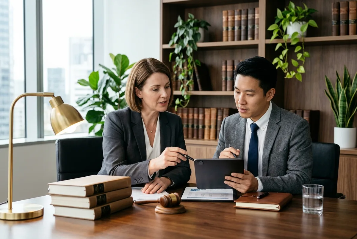 Sage for Legal Business accounting team reviewing trust account paperwork on a tablet beside law books and a gavel