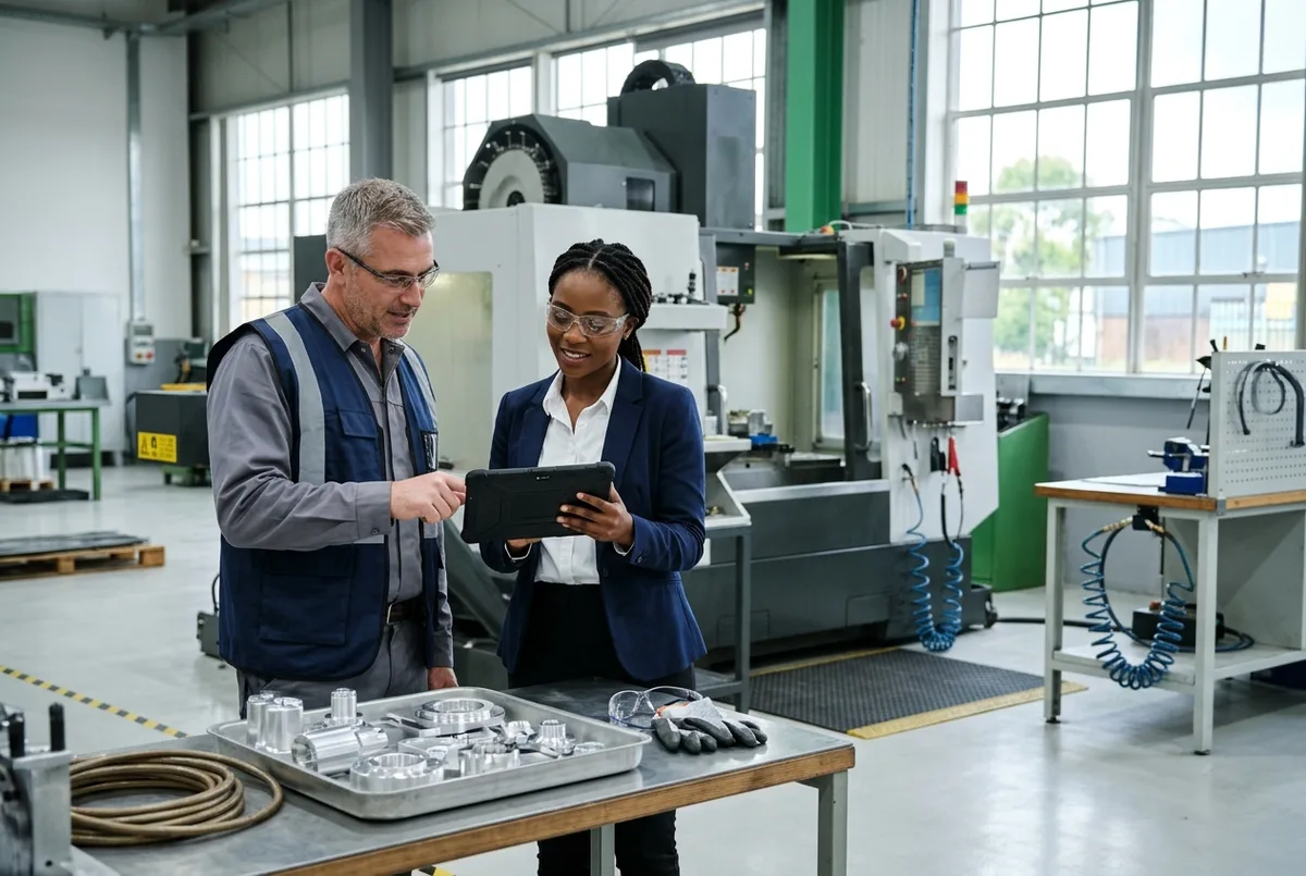 Sage for Manufacturing Companies accounting team reviewing production costs on a tablet beside a CNC machine on a factory floor