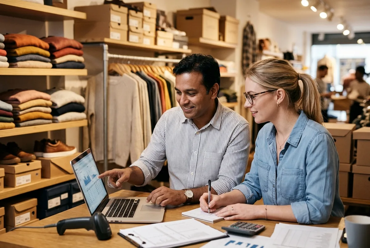 Sage for Retail Business accounting team reviewing stock and sales reports in a clothing store beside a barcode scanner