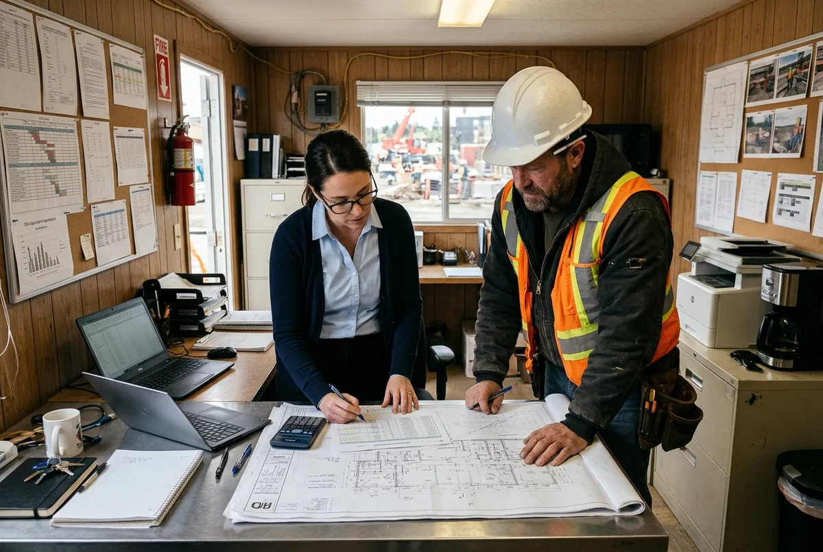 Wave for Construction business accounting team reviewing site blueprints and job costing files