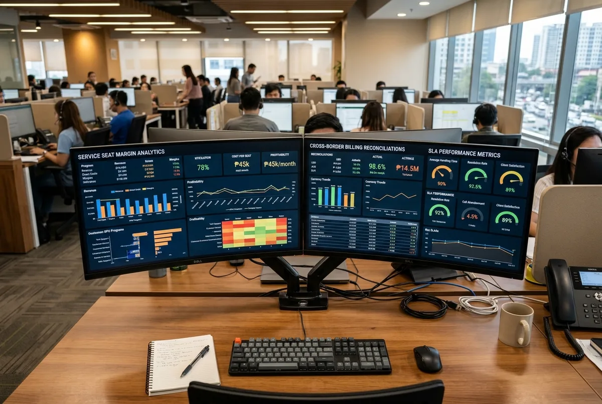 Wave for BPO business financial reports on dual monitors overlooking a contact center floor