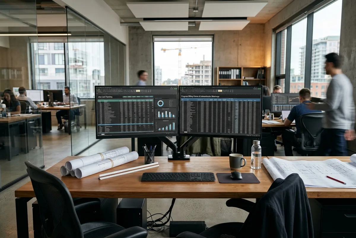 Wave for Construction business financial reports on dual monitors overlooking a building project