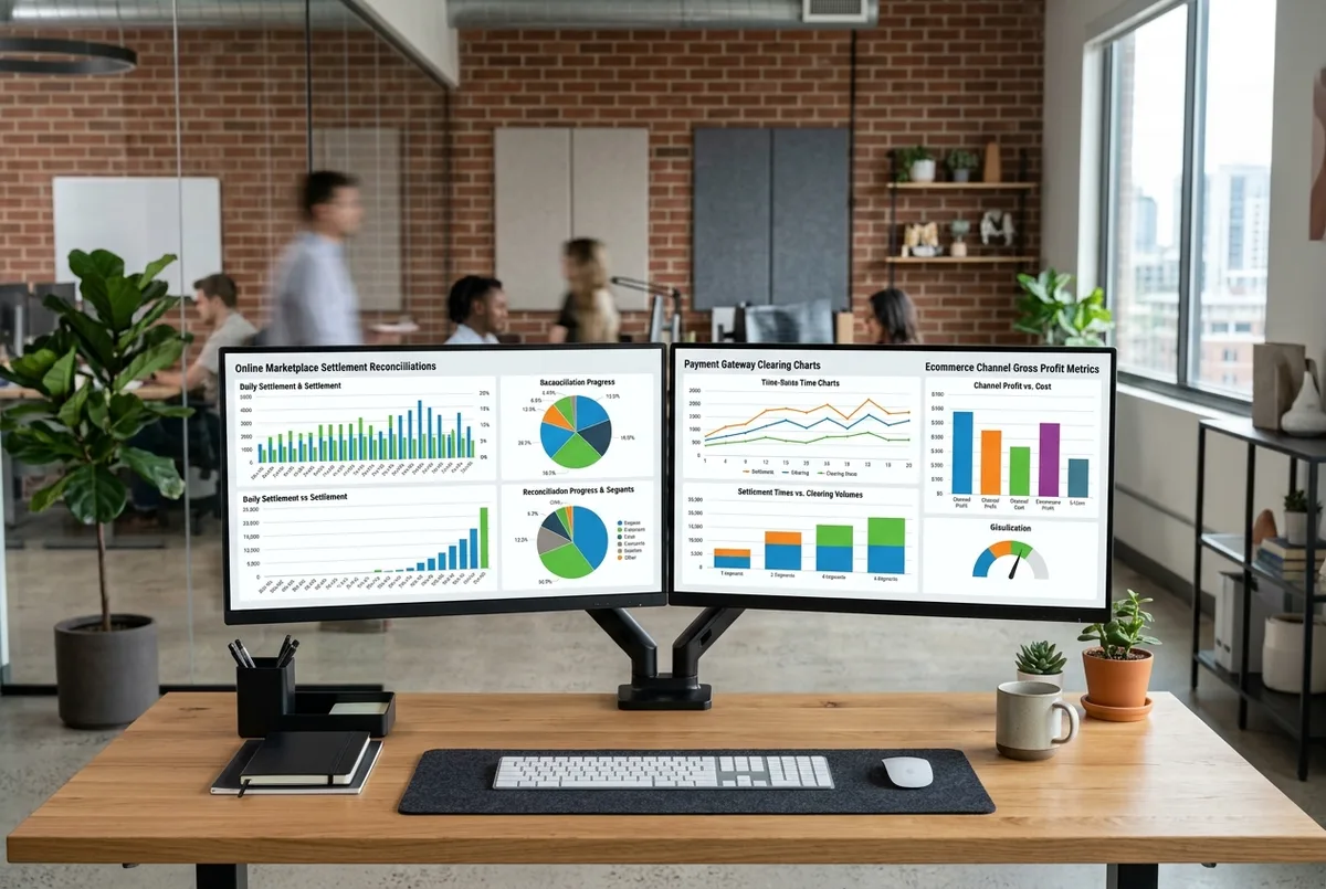 Wave for Ecommerce business financial reports on dual monitors in a digital brand studio