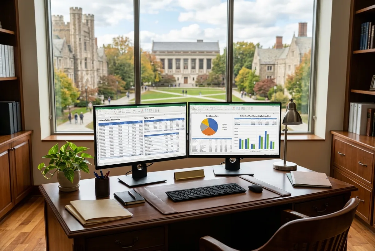 Wave for Educational Institutions financial reports on dual monitors in a school finance suite