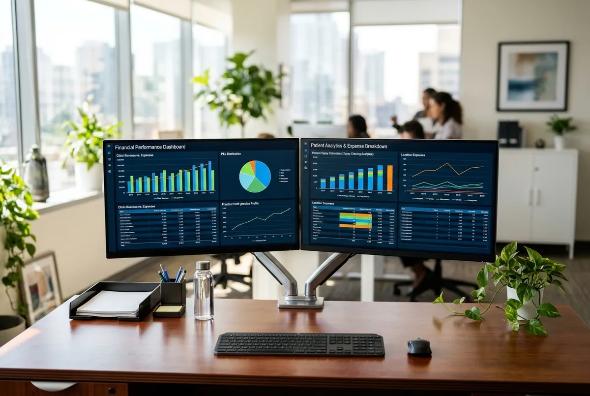 Wave for Healthcare business financial reports on dual monitors in a modern medical office