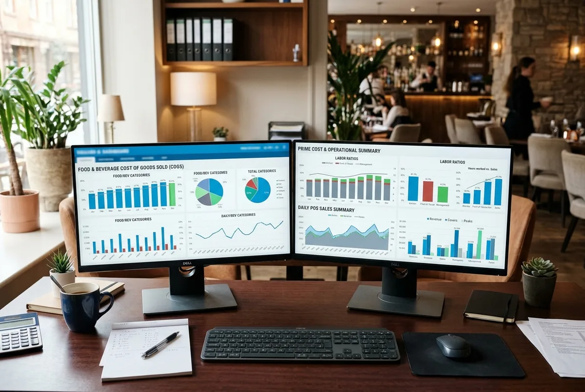 Wave for Hospitality business financial reports on dual monitors in an upscale venue back office