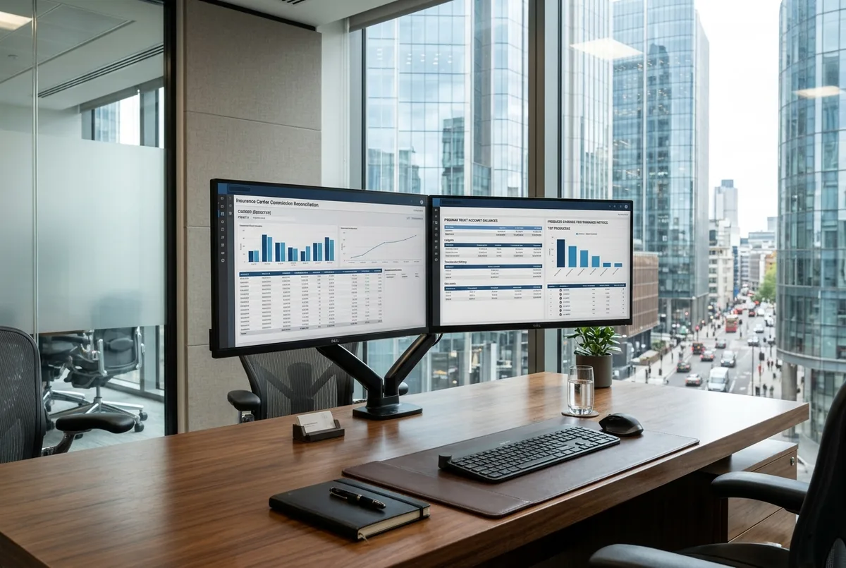 Wave for Insurance business financial reports on dual monitors in a commercial brokerage office