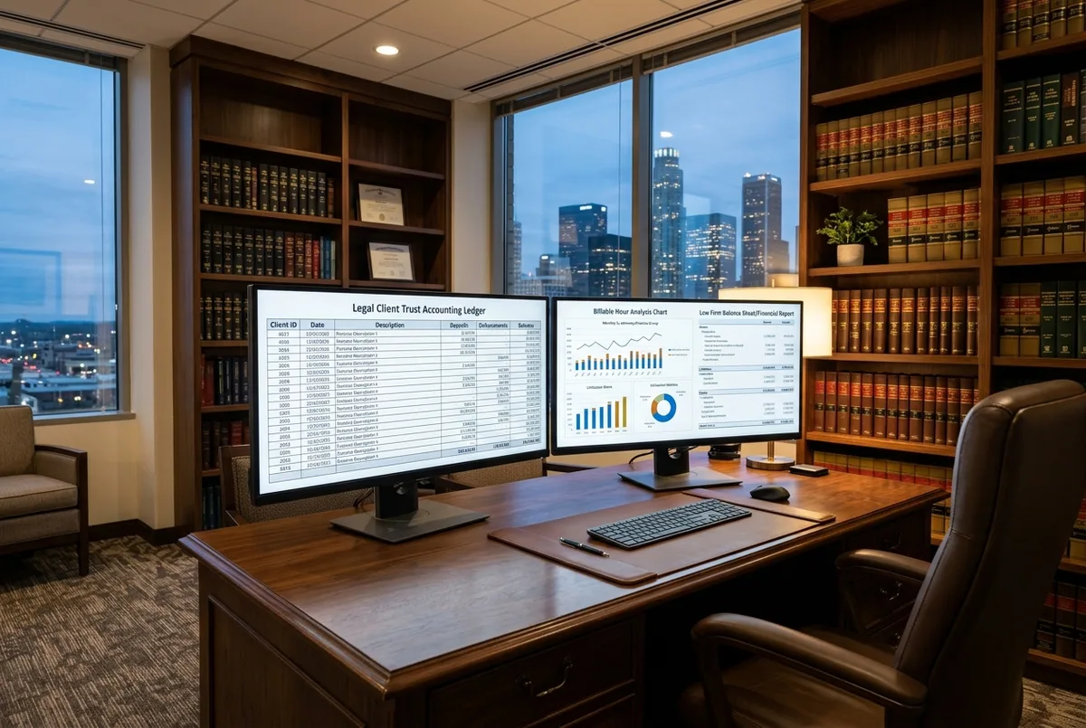 Wave for Legal business financial reports on dual monitors in an executive law firm office