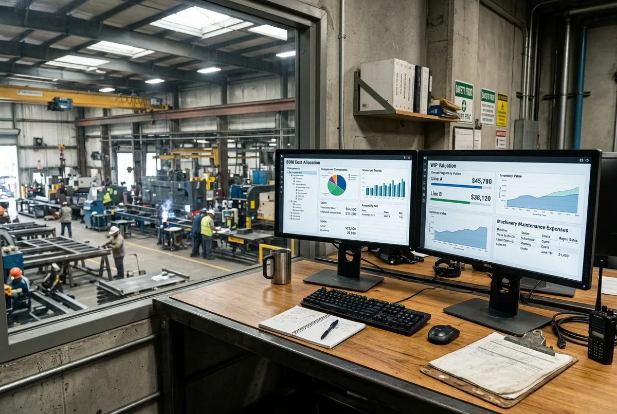 Wave for Manufacturing Companies financial reports on dual monitors in an industrial plant office
