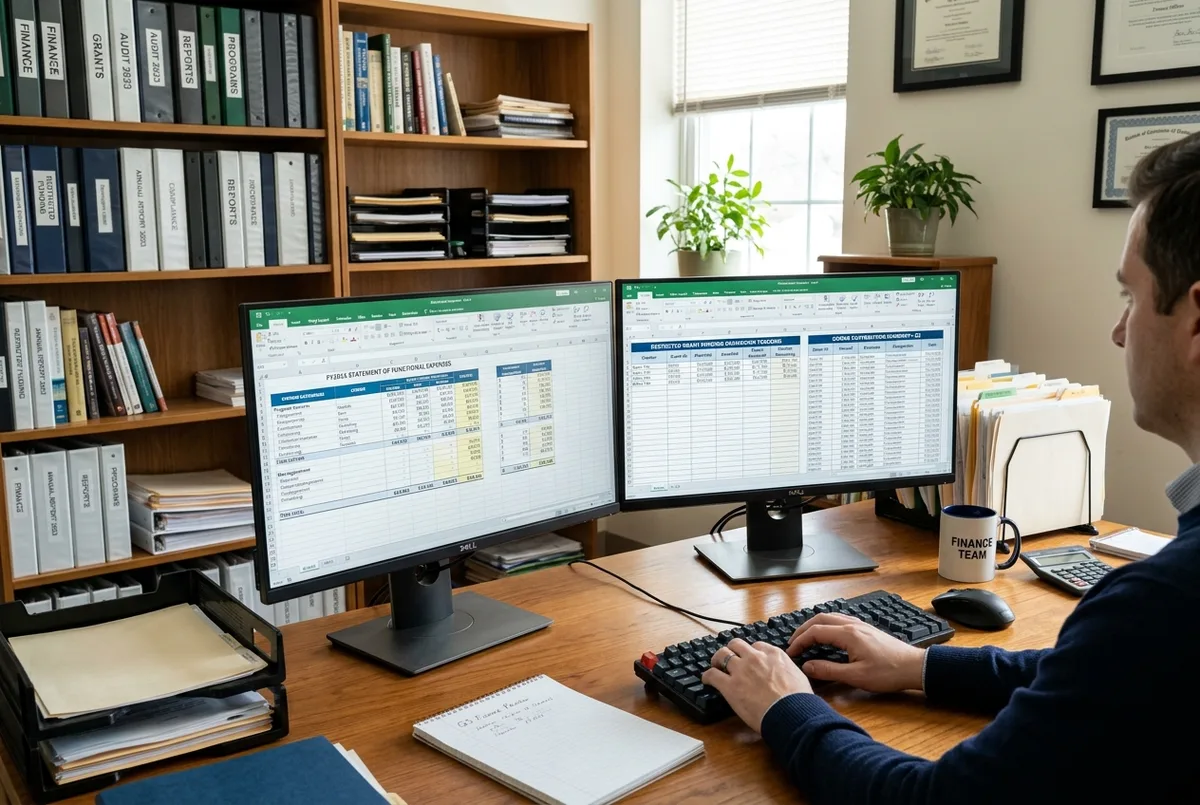 Wave for Nonprofits financial reports on dual monitors in a charitable foundation office