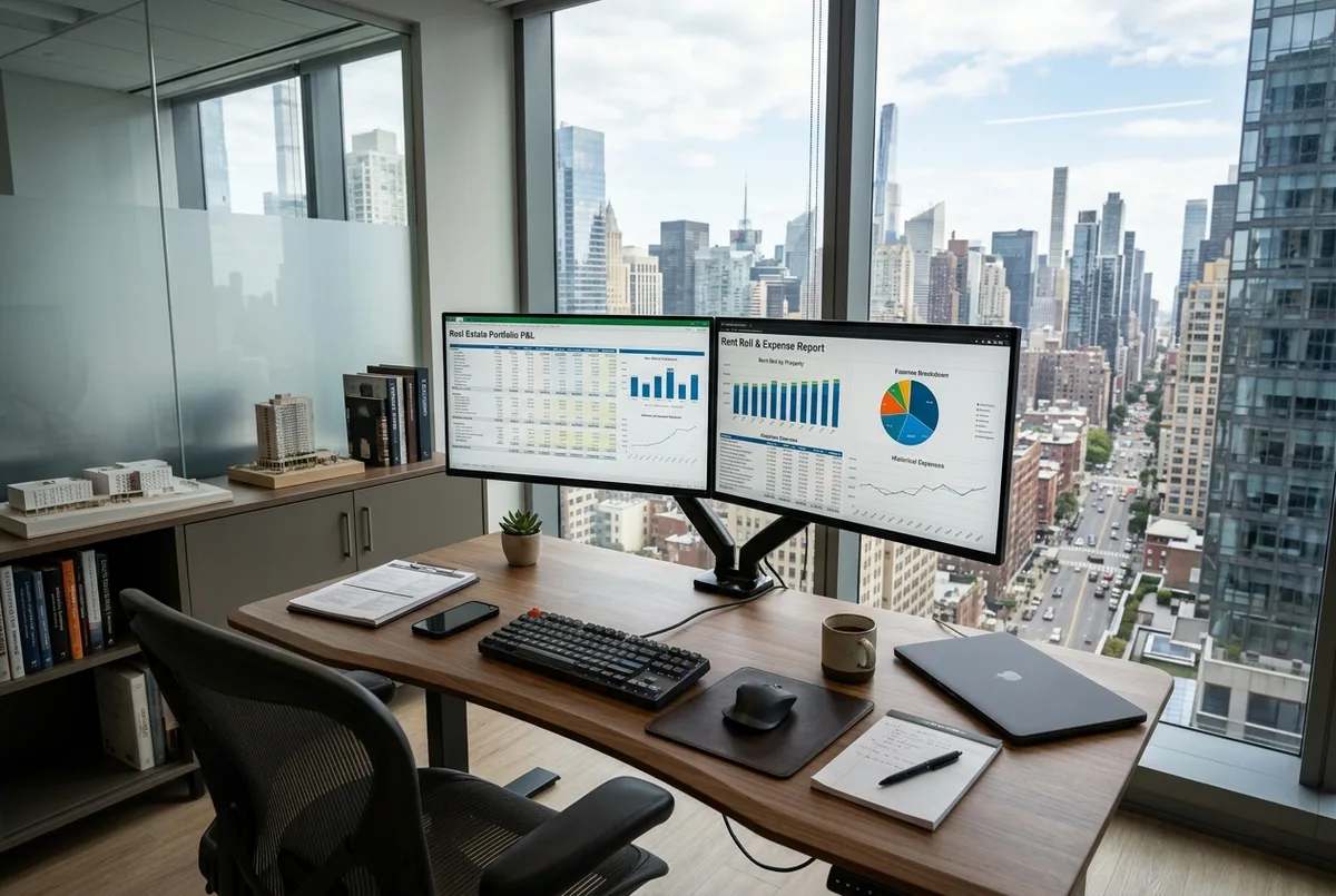 Wave for Real Estate business financial reports on dual monitors with an urban city view