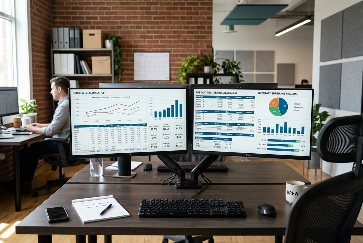 Wave for Retail business financial reports on dual monitors in a modern retail headquarters