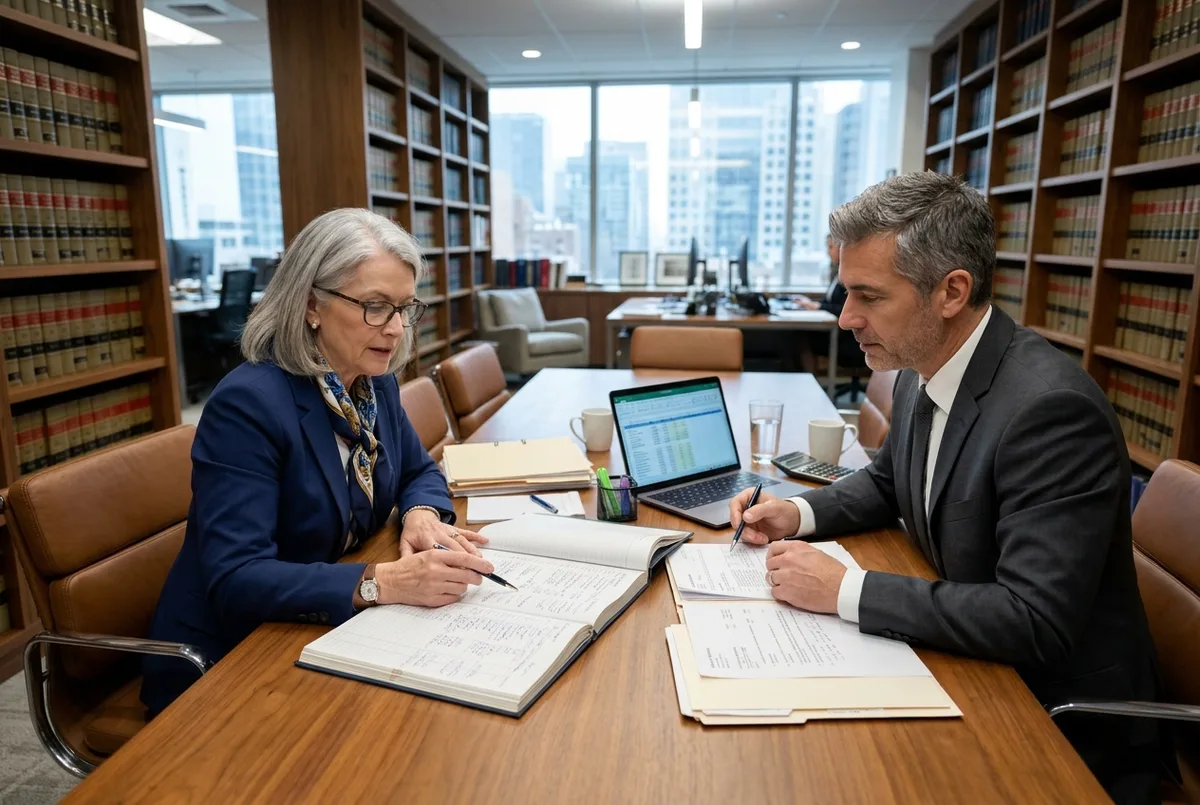 Wave for Legal business accounting team reviewing trust ledgers beside legal reference volumes