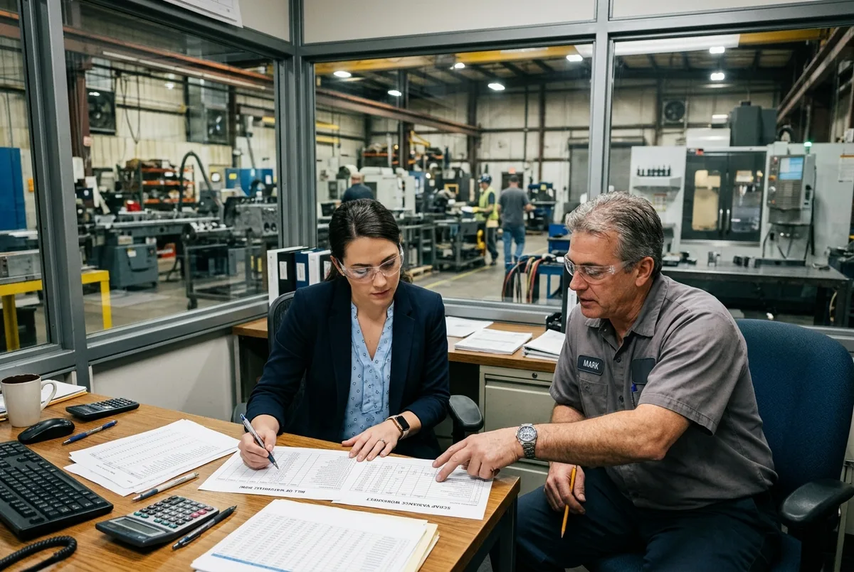 Wave for Manufacturing Companies accounting team reviewing production cost sheets beside machinery