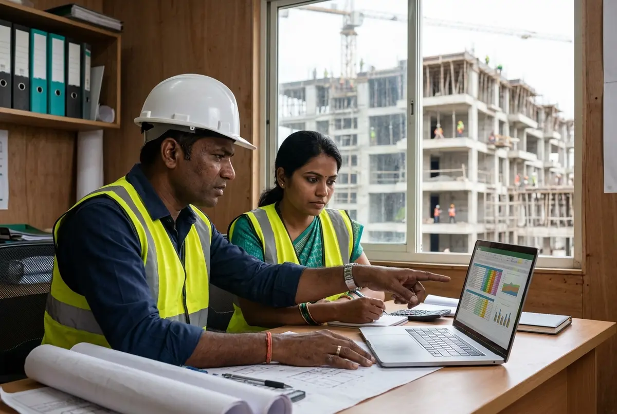 Xero Certified advisor and contractor team reviewing construction business accounts in a site office