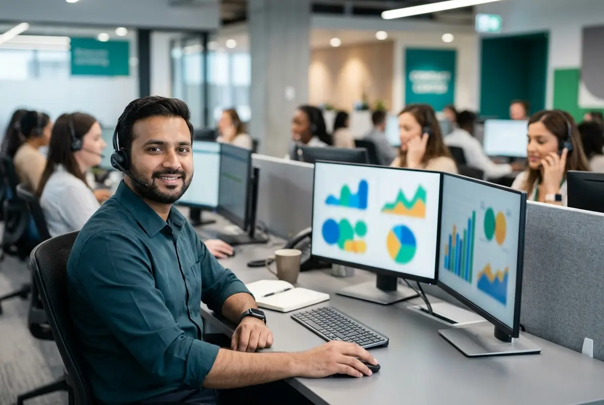 Xero for BPO business margin reports shown on two monitors in a contact centre
