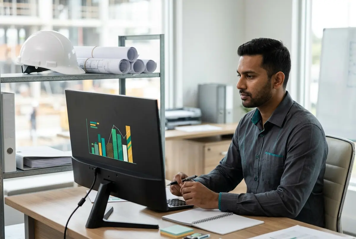 Xero for construction business job costs shown on a large monitor in a site office